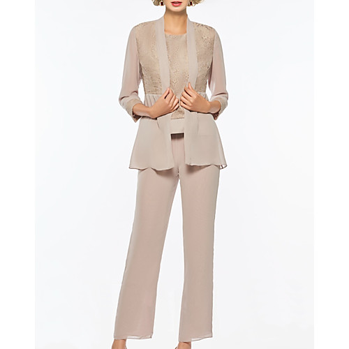 

Pantsuit / Jumpsuit Mother of the Bride Dress Elegant Jewel Neck Floor Length Chiffon Lace 3/4 Length Sleeve with Embroidery 2021