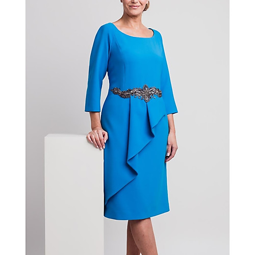 

Sheath / Column Mother of the Bride Dress Elegant Jewel Neck Knee Length Stretch Satin 3/4 Length Sleeve with Sash / Ribbon Sequin 2021