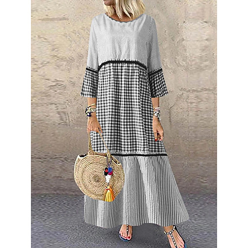 

Women's Shift Dress Maxi long Dress Black Blue Long Sleeve Striped Patchwork Summer Round Neck Hot Casual Cotton 2021 M L XL XXL 3XL 4XL 5XL