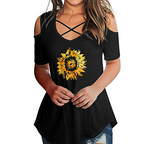

Women's T-shirt Floral Flower V Neck Tops Loose Basic Top White Black Yellow