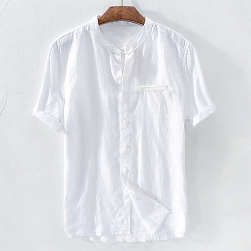 

Men's Solid Colored Patchwork Shirt - Linen Basic Chinoiserie Standing Collar White / Blue