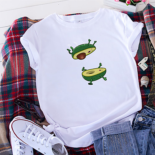 

Women's T shirt Fruit Print Round Neck Tops 100% Cotton Basic Basic Top White Black Yellow