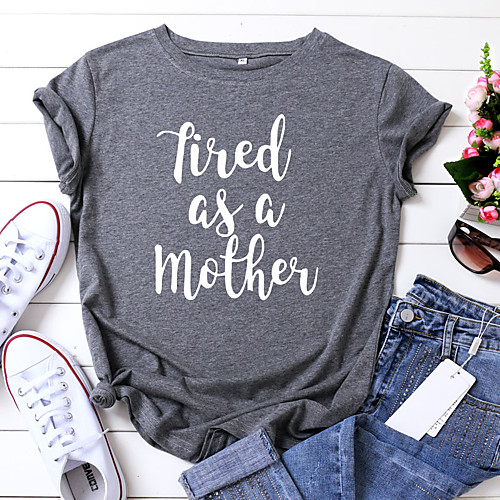 

Women's Mom T-shirt Letter Print Round Neck Tops 100% Cotton Basic Basic Top Black Wine Army Green