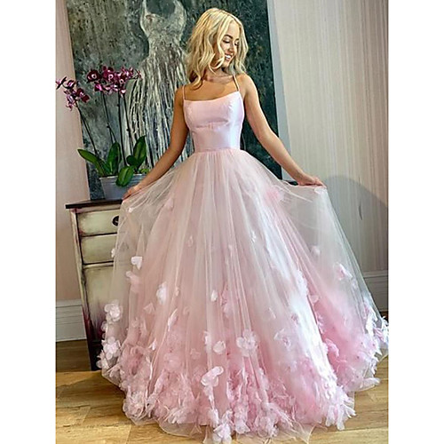 

A-Line Elegant Floral Engagement Prom Valentine's Day Dress Spaghetti Strap Sleeveless Floor Length Tulle with Pleats Appliques 2021