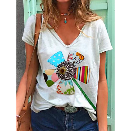 

Women's T-shirt Rainbow Print V Neck Tops Loose Cotton Basic Basic Top White