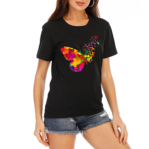 

Women's T-shirt Graphic Print Round Neck Tops Loose Cotton Basic Basic Top Black