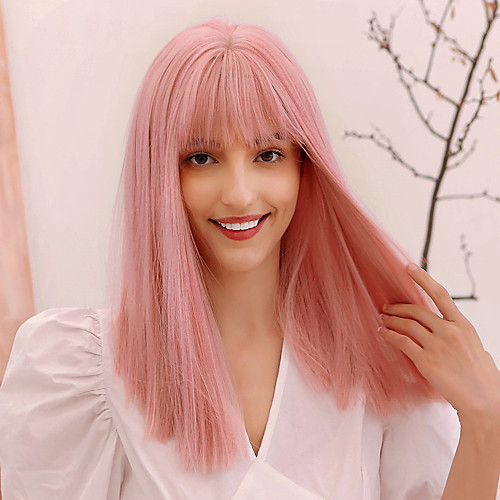 

Synthetic Wig Straight Natural Straight Side Part Neat Bang With Bangs Wig Medium Length Pink Mint Green Synthetic Hair 16 inch Women's Cosplay Adorable African American Wig Pink Green BLONDE UNICORN