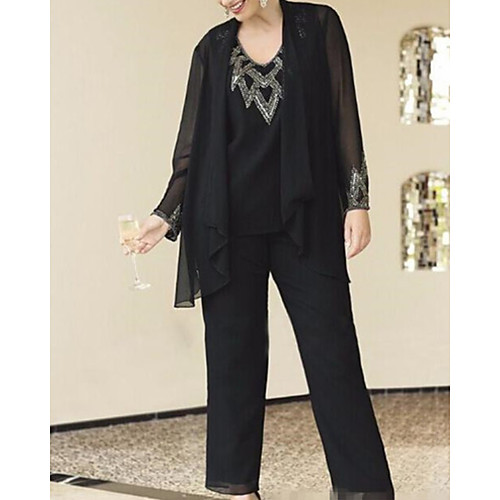 

Pantsuit / Jumpsuit Mother of the Bride Dress Elegant V Neck Floor Length Chiffon Long Sleeve with Sequin 2021
