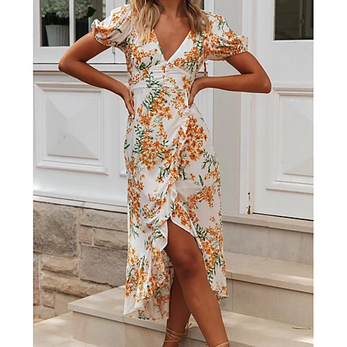 

Women's A-Line Dress Midi Dress - Short Sleeve Floral Summer V Neck Work Hot Cotton 2020 White S M L XL