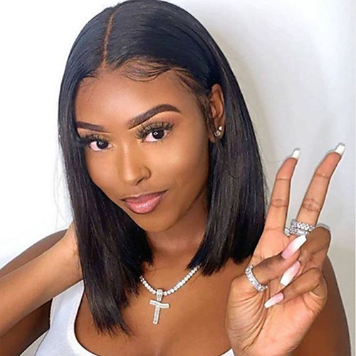 

Human Hair Lace Front Wig Bob Short Bob Free Part style Brazilian Hair Straight Silky Straight Black Wig 130% Density with Baby Hair Natural Hairline For Black Women 100% Virgin 100% Hand Tied Women's