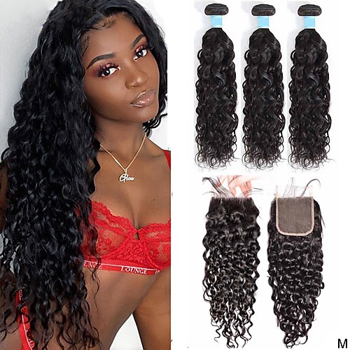 

3 Bundles with Closure Hair Weaves Brazilian Hair Water Wave Human Hair Extensions Remy Human Hair 100% Remy Hair Weave Bundles 345 g Natural Color Hair Weaves / Hair Bulk Human Hair Extensions 8-28