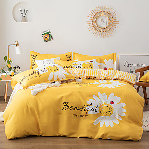 

4-Pieces Bedding Set Daisy Flower Print Duvet Cover Set Ultra Soft and Easy Care, Bedding Queen Size Set