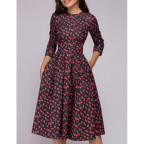 

Women's A Line Dress Midi Dress Red 3/4 Length Sleeve Floral Print Spring Round Neck Hot S M L XL XXL