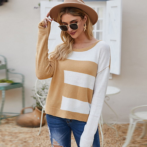 

Women's Color Block Pullover Cotton Long Sleeve Sweater Cardigans Deep U Fall White