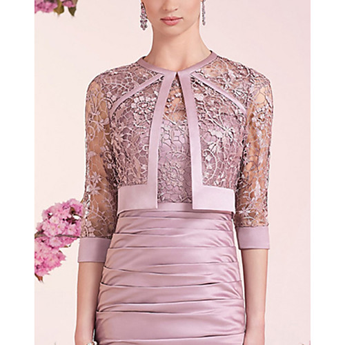 

Two Piece Sheath / Column Mother of the Bride Dress Elegant Jewel Neck Knee Length Lace Satin 3/4 Length Sleeve with Appliques Ruching 2021