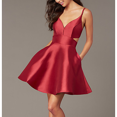 

A-Line Beautiful Back Flirty Homecoming Cocktail Party Valentine's Day Dress Spaghetti Strap Sleeveless Short / Mini Satin with Sleek 2021