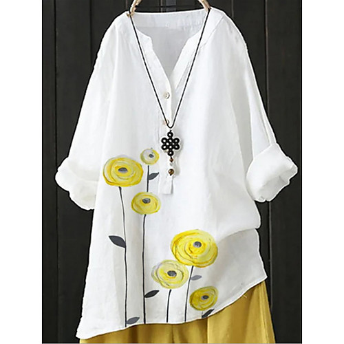 

Women's Blouse Shirt Floral Flower Long Sleeve V Neck Tops Basic Top White