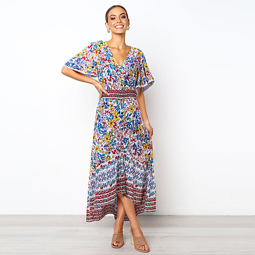 

Women's Sundress Maxi long Dress White Black Blue Half Sleeve Geometric Print Summer V Neck Boho Flare Cuff Sleeve 2021 S M L XL