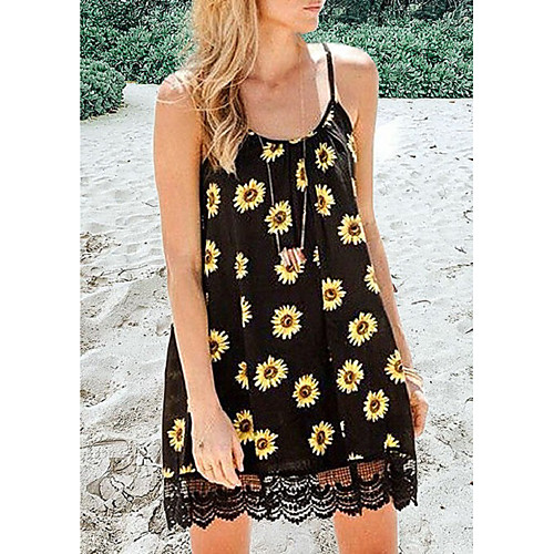 

Women's Strap Dress Short Mini Dress Black Sleeveless Daisy Floral Lace Print Summer Hot Sexy 2021 S M L XL XXL