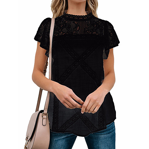 

Women's T-shirt Solid Colored Plain Lace Cut Out Round Neck Tops Loose Cotton Streetwear Basic Top White Black Blue
