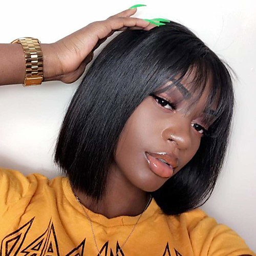 

Remy Human Hair Wig Short Straight kinky Straight Bob Natural Black Women Easy dressing Adorable Machine Made Capless Brazilian Hair Women's Girls' Natural Black 14 inch