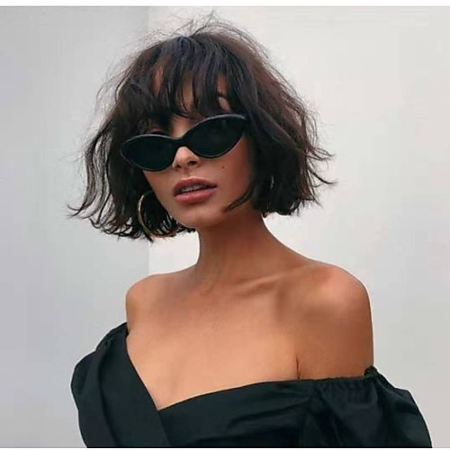 

Human Hair Lace Front Wig Bob Short Bob Neat Bang style Malaysian Hair Wavy Black Wig 130% Density Classic Women Fashion Women's Short Human Hair Lace Wig Clytie