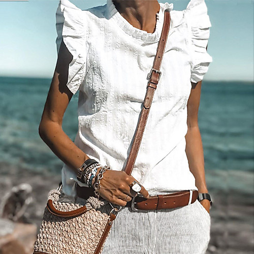 

Women's Work Blouse Shirt Solid Colored Choker Tops Cotton Basic Top White Wine
