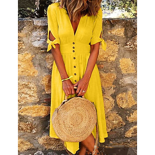 

Women's A Line Dress Knee Length Dress Purple Yellow Orange Green Light Blue Short Sleeve Solid Color Summer V Neck Hot Casual Mumu 2021 S M L XL XXL 3XL 4XL 5XL