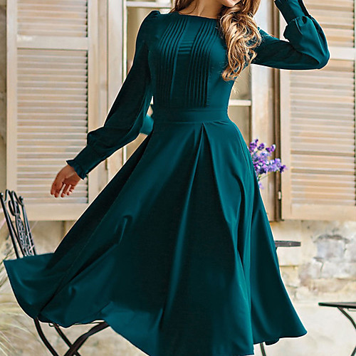 

Women's A Line Dress Knee Length Dress Green Long Sleeve Solid Color Ruched Patchwork Spring Summer Round Neck Hot Casual Lantern Sleeve 2021 S M L XL XXL