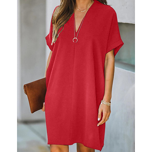 

Women's A Line Dress Knee Length Dress Black Red Short Sleeve Solid Color Summer V Neck Hot Elegant 2021 S M L XL XXL
