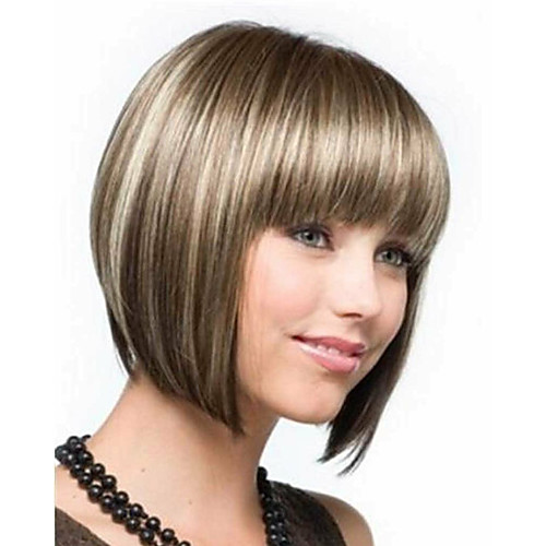 

Synthetic Wig Natural Straight With Bangs Wig Medium Length Brown / White Synthetic Hair 14 inch Women's Party Fashion Comfortable Brown
