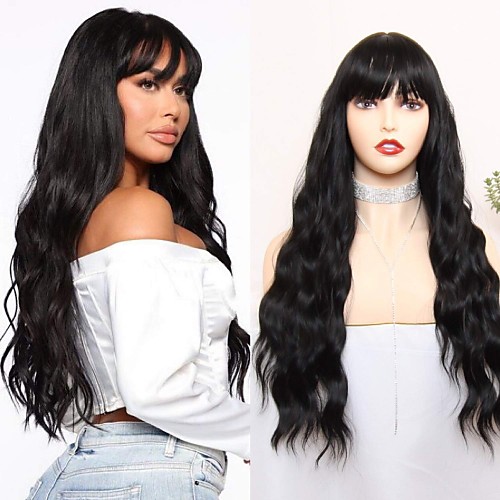 

Synthetic Wig Wavy With Bangs Wig Long Black Synthetic Hair 26 inch Women's Party Classic Fashion Black