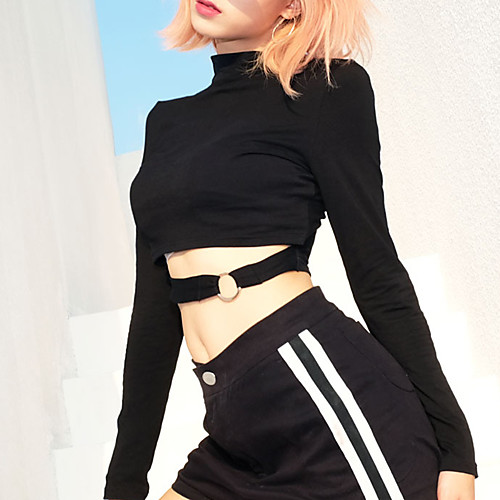 

Women's Tee / T-shirt Black Cut Out Slim Fit Crop Top High Neck Cotton Solid Color Cute Sport Athleisure T Shirt Top Long Sleeve Breathable Soft Everyday Use Street Daily