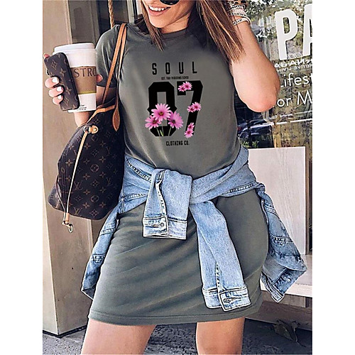

Women's T Shirt Dress Tee Dress Short Mini Dress White Black Blue Purple Red Green Lavender Brown Gray Short Sleeve Floral Number Print Summer Round Neck Hot Casual 2021 S M L XL XXL 3XL 4XL 5XL