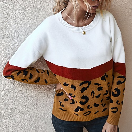 

Women's Leopard Cheetah Print Pullover Long Sleeve Sweater Cardigans Round Neck Khaki Brown