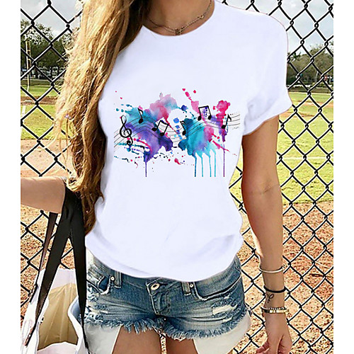 

Women's T-shirt Graphic Prints Round Neck Tops Slim 100% Cotton Basic Top White