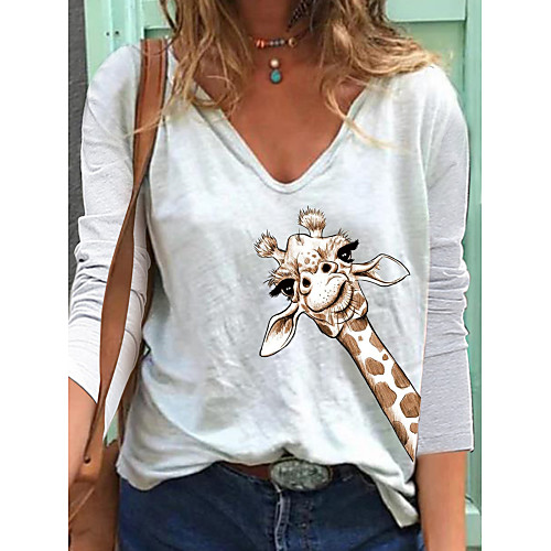 

Women's T-shirt Animal Long Sleeve Print V Neck Tops Loose Cotton Basic Basic Top White Blue Yellow