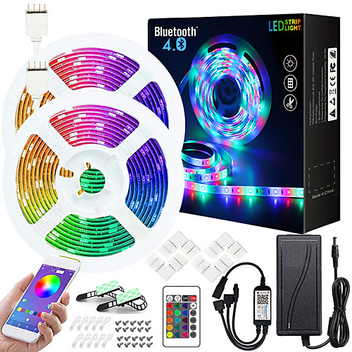 

50ft 2x7.5M Music Sync Colour Changing RGB LED Strip Lights 24-Key Remote Sensitive Built-in Mic Bluetooth App Controlled LED Lights 5050 RGB LED Light Strip Kit DC12V