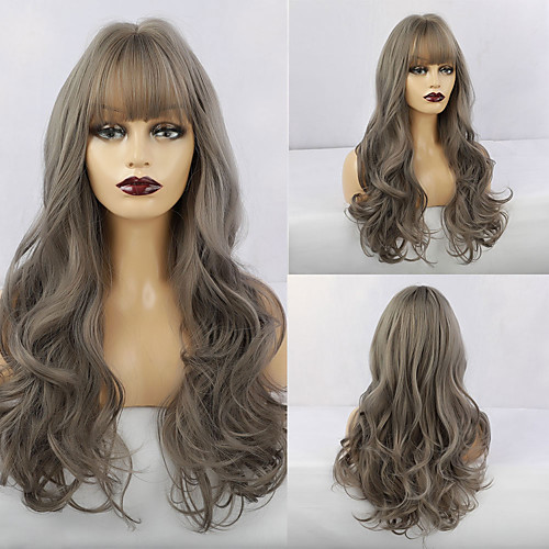 

Synthetic Wig Natural Wave Neat Bang Wig Long Grey Synthetic Hair 26 inch Women's Fashionable Design Life Women Gray