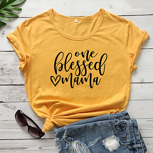 

Women's T shirt Graphic Text Graphic Prints Print Round Neck Tops 100% Cotton Basic Basic Top Purple Yellow Blushing Pink