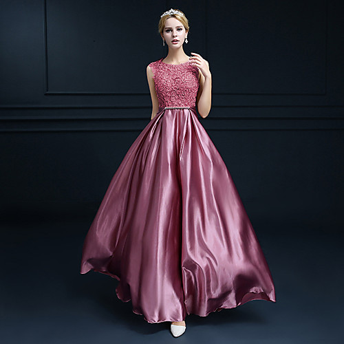 

A-Line Beautiful Back Cute Formal Evening Dress Jewel Neck Sleeveless Floor Length Lace Satin with Crystals 2021