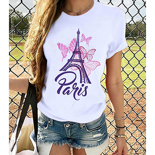 

Women's T-shirt Butterfly Graphic Prints Round Neck Tops Slim 100% Cotton Basic Top White