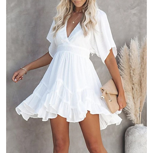 

Women's Swing Dress Short Mini Dress White Green Short Sleeve Solid Color Lace up Ruffle Spring Summer V Neck Vacation Holiday Holiday 2021 S M L XL XXL 3XL