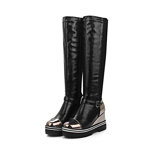 

Women's Boots Wedge Heel Round Toe Knee High Boots Basic Casual Daily PU Color Block Black / Red Black Silver