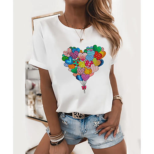 

Women's T-shirt Heart Graphic Prints Round Neck Tops Slim 100% Cotton Basic Top Panda sunflower White