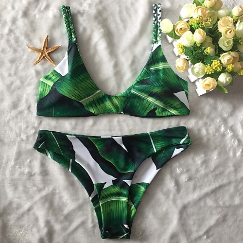 

Women's Bikini Swimsuit Geometric Print Normal Halter Neck Swimwear Bathing Suits Green / Padded Bras