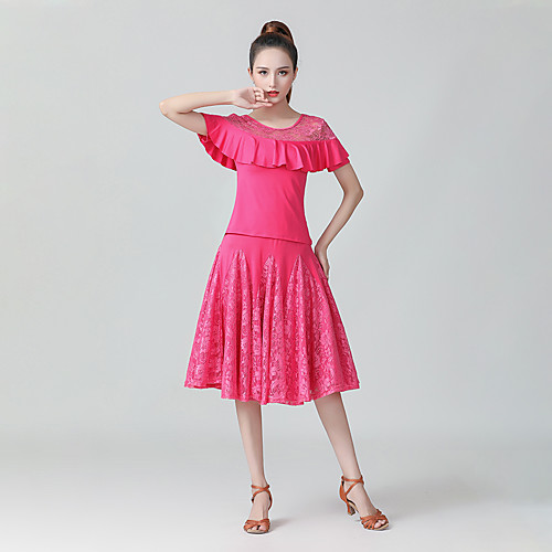 

Ballroom Dance Skirts Lace Women's Performance Daily Wear Short Sleeve High Milk Fiber Polyester
