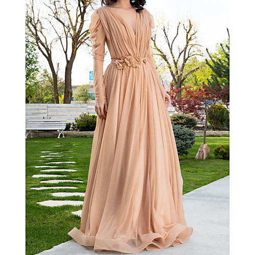 

A-Line Elegant Floral Engagement Formal Evening Dress V Neck Long Sleeve Sweep / Brush Train Chiffon with Sash / Ribbon Pleats 2021