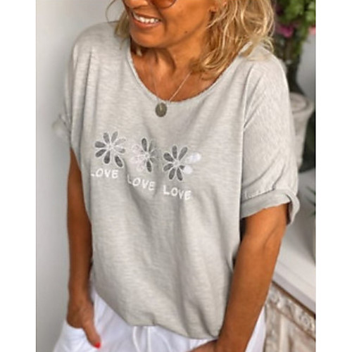 

Women's T shirt Floral Flower Printing Round Neck Tops Basic Top Gray