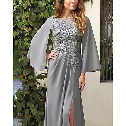

A-Line Mother of the Bride Dress Elegant Jewel Neck Floor Length Chiffon Lace Long Sleeve with Appliques Split Front 2021